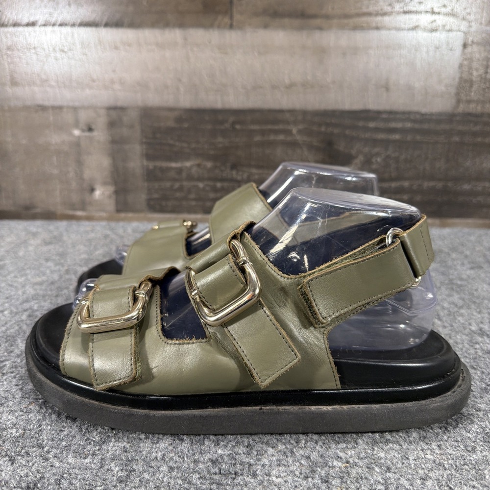 ALOHAS Harper Flat Sandals Olive Green Leather Chunky Gold Buckle EU 38 US 7 7.5 - Picture 3 of 12